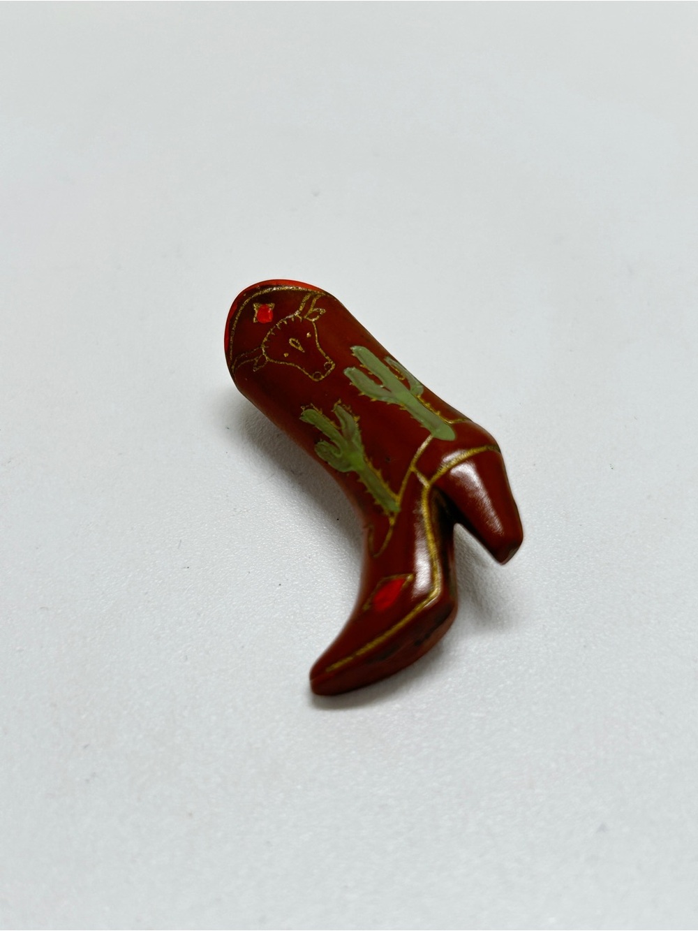 Vintage Lucite Brown Cowboy Boot Painted Brooch, Hat Pin, Longhorn, Cactus